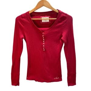 Y2k Aeropostale Long Sleeve Thermal Waffle Knit Top Button Down Henley Red Large